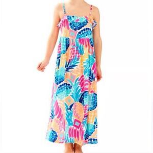 Lilly Pulitzer Vibrant Floral maxi Dress tropical neon girls size 12/14 EUC!
